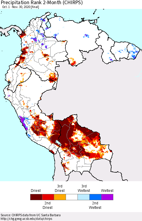 Northern South America Precipitation Rank 2-Month (CHIRPS) Thematic Map For 10/1/2020 - 11/30/2020