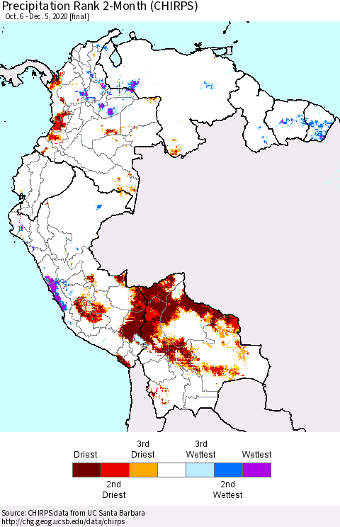 Northern South America Precipitation Rank since 1981, 2-Month (CHIRPS) Thematic Map For 10/6/2020 - 12/5/2020