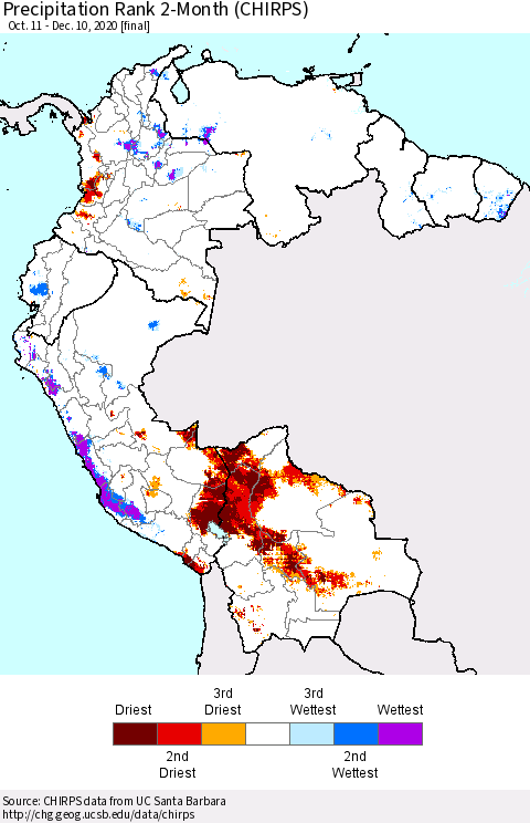 Northern South America Precipitation Rank since 1981, 2-Month (CHIRPS) Thematic Map For 10/11/2020 - 12/10/2020