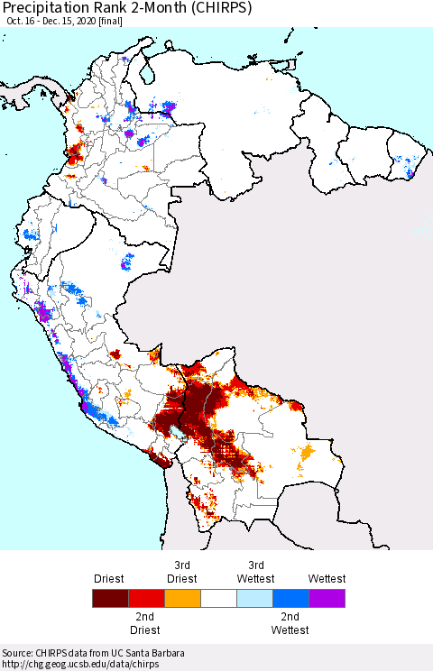 Northern South America Precipitation Rank 2-Month (CHIRPS) Thematic Map For 10/16/2020 - 12/15/2020