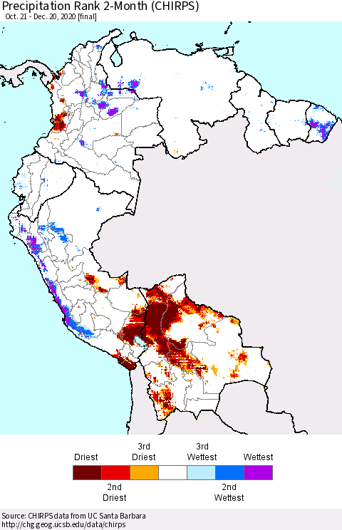 Northern South America Precipitation Rank 2-Month (CHIRPS) Thematic Map For 10/21/2020 - 12/20/2020