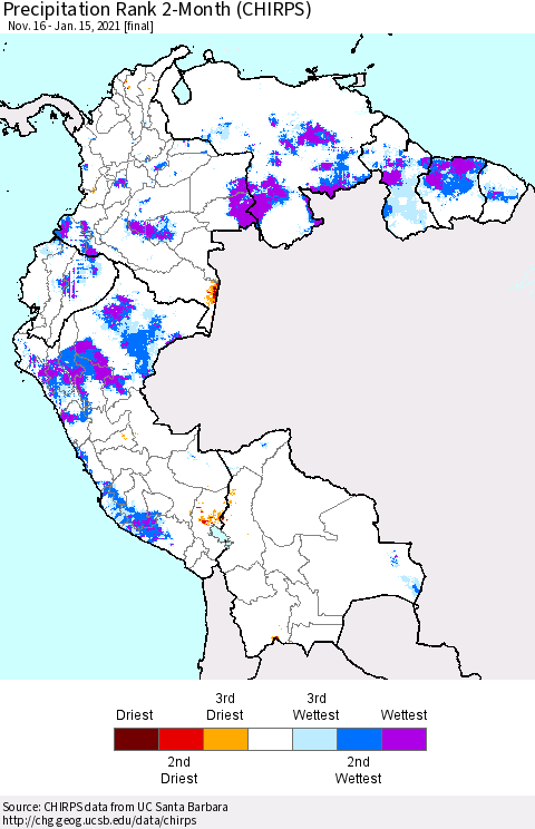 Northern South America Precipitation Rank 2-Month (CHIRPS) Thematic Map For 11/16/2020 - 1/15/2021