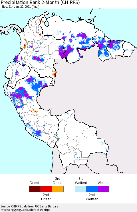 Northern South America Precipitation Rank 2-Month (CHIRPS) Thematic Map For 11/21/2020 - 1/20/2021