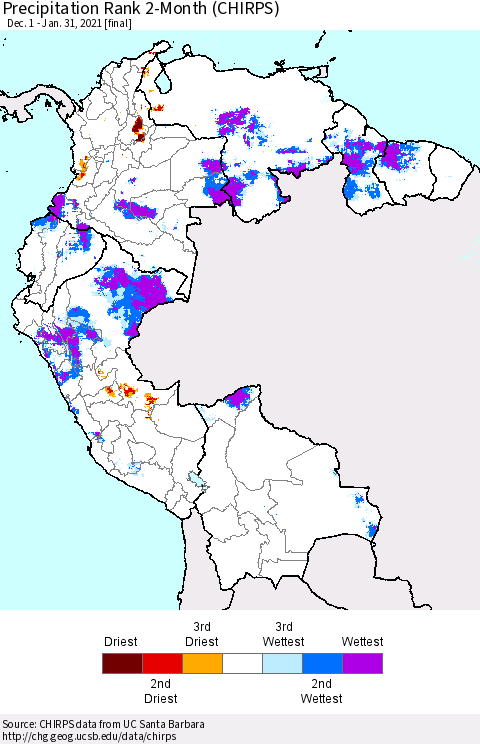 Northern South America Precipitation Rank since 1981, 2-Month (CHIRPS) Thematic Map For 12/1/2020 - 1/31/2021