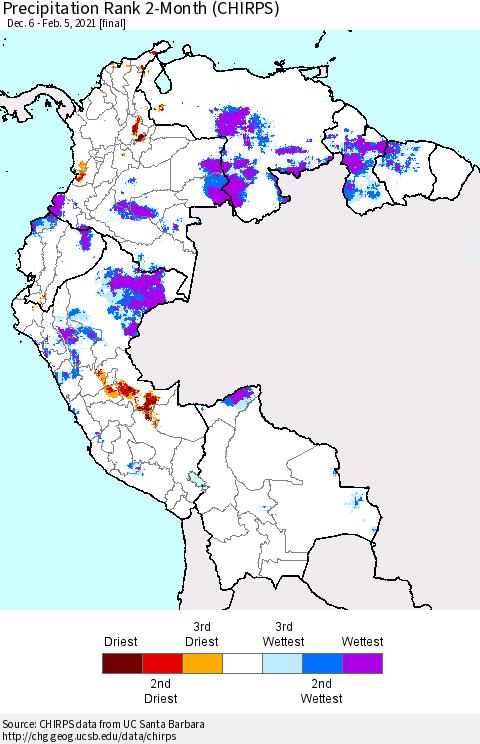 Northern South America Precipitation Rank 2-Month (CHIRPS) Thematic Map For 12/6/2020 - 2/5/2021