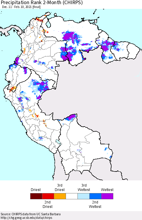 Northern South America Precipitation Rank 2-Month (CHIRPS) Thematic Map For 12/11/2020 - 2/10/2021