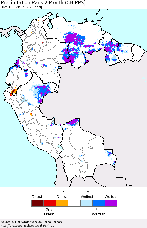Northern South America Precipitation Rank 2-Month (CHIRPS) Thematic Map For 12/16/2020 - 2/15/2021