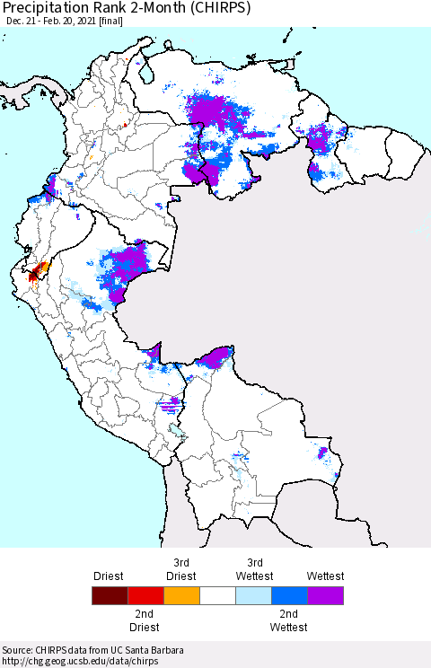 Northern South America Precipitation Rank 2-Month (CHIRPS) Thematic Map For 12/21/2020 - 2/20/2021