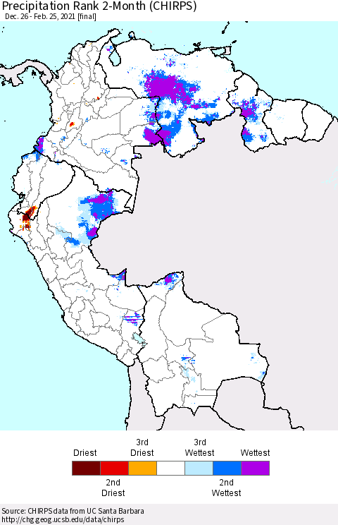 Northern South America Precipitation Rank 2-Month (CHIRPS) Thematic Map For 12/26/2020 - 2/25/2021