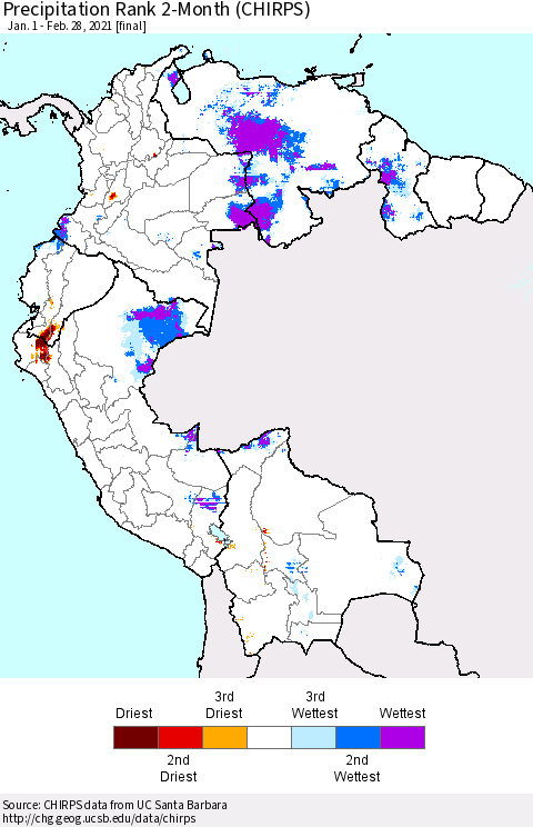 Northern South America Precipitation Rank 2-Month (CHIRPS) Thematic Map For 1/1/2021 - 2/28/2021