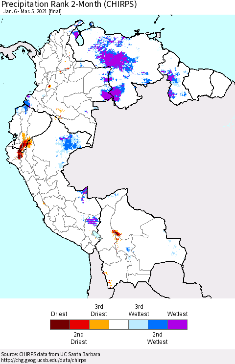 Northern South America Precipitation Rank since 1981, 2-Month (CHIRPS) Thematic Map For 1/6/2021 - 3/5/2021