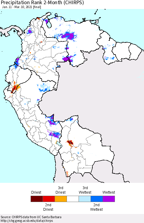 Northern South America Precipitation Rank 2-Month (CHIRPS) Thematic Map For 1/11/2021 - 3/10/2021
