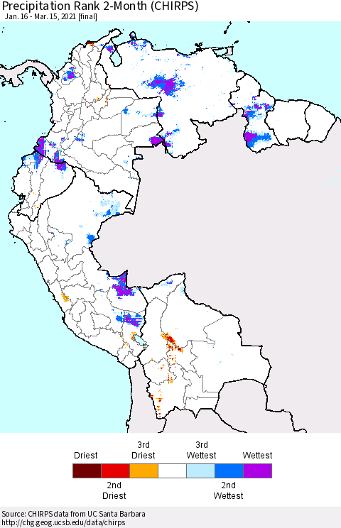Northern South America Precipitation Rank 2-Month (CHIRPS) Thematic Map For 1/16/2021 - 3/15/2021