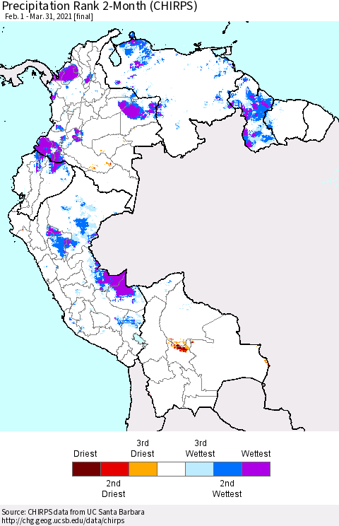 Northern South America Precipitation Rank 2-Month (CHIRPS) Thematic Map For 2/1/2021 - 3/31/2021