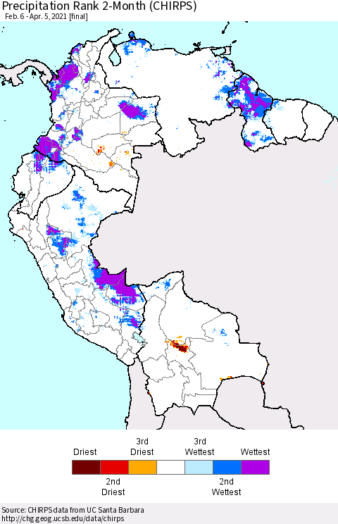 Northern South America Precipitation Rank since 1981, 2-Month (CHIRPS) Thematic Map For 2/6/2021 - 4/5/2021