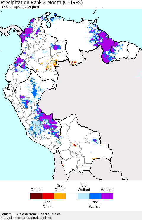 Northern South America Precipitation Rank 2-Month (CHIRPS) Thematic Map For 2/11/2021 - 4/10/2021