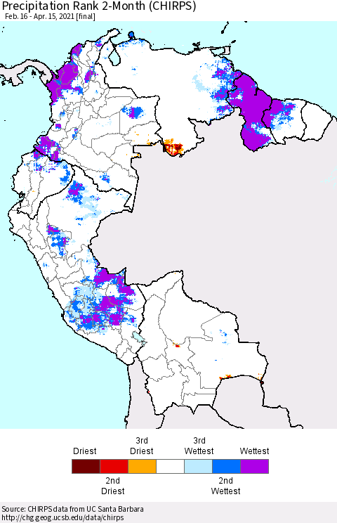 Northern South America Precipitation Rank 2-Month (CHIRPS) Thematic Map For 2/16/2021 - 4/15/2021