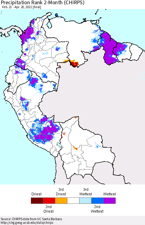 Northern South America Precipitation Rank 2-Month (CHIRPS) Thematic Map For 2/21/2021 - 4/20/2021