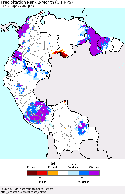 Northern South America Precipitation Rank 2-Month (CHIRPS) Thematic Map For 2/26/2021 - 4/25/2021
