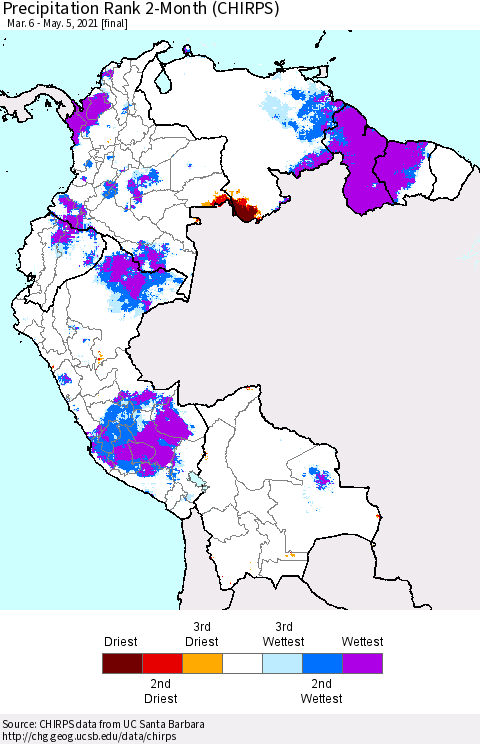 Northern South America Precipitation Rank 2-Month (CHIRPS) Thematic Map For 3/6/2021 - 5/5/2021