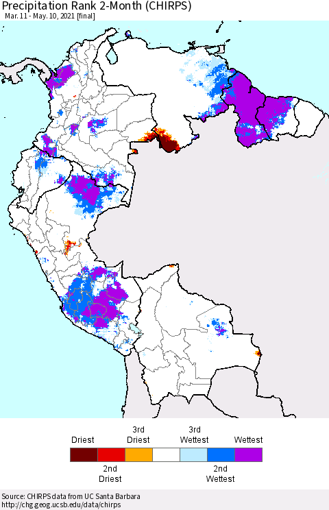 Northern South America Precipitation Rank since 1981, 2-Month (CHIRPS) Thematic Map For 3/11/2021 - 5/10/2021