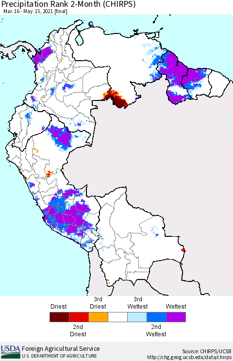 Northern South America Precipitation Rank 2-Month (CHIRPS) Thematic Map For 3/16/2021 - 5/15/2021
