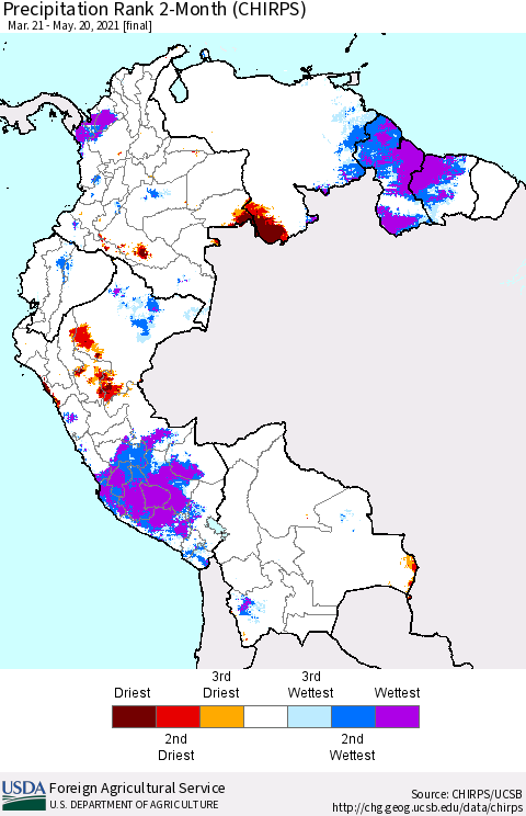 Northern South America Precipitation Rank 2-Month (CHIRPS) Thematic Map For 3/21/2021 - 5/20/2021