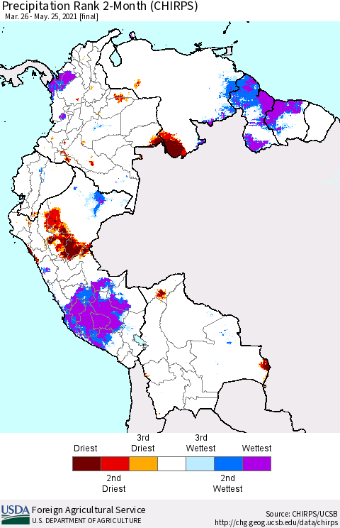 Northern South America Precipitation Rank 2-Month (CHIRPS) Thematic Map For 3/26/2021 - 5/25/2021