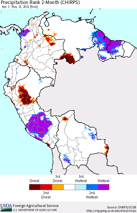 Northern South America Precipitation Rank 2-Month (CHIRPS) Thematic Map For 4/1/2021 - 5/31/2021