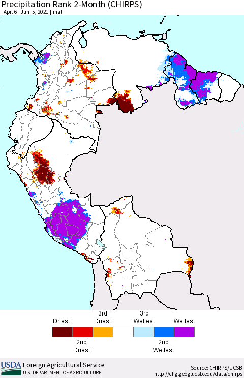Northern South America Precipitation Rank 2-Month (CHIRPS) Thematic Map For 4/6/2021 - 6/5/2021