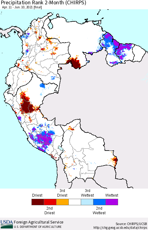 Northern South America Precipitation Rank 2-Month (CHIRPS) Thematic Map For 4/11/2021 - 6/10/2021