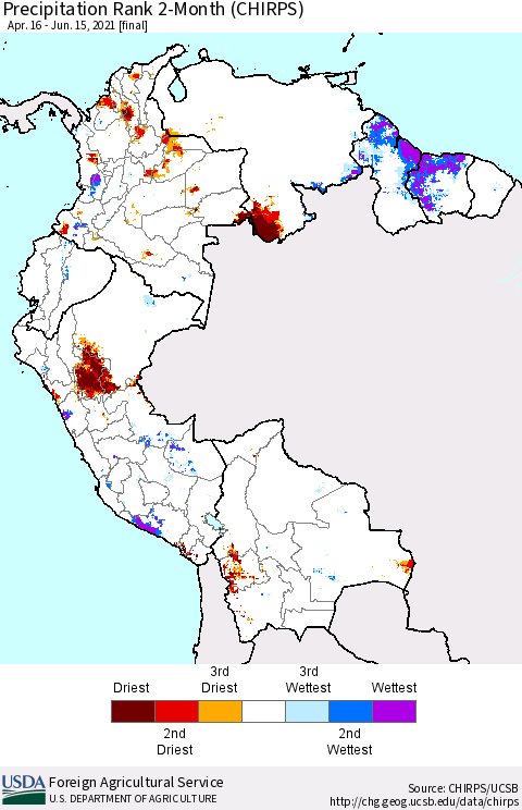 Northern South America Precipitation Rank 2-Month (CHIRPS) Thematic Map For 4/16/2021 - 6/15/2021