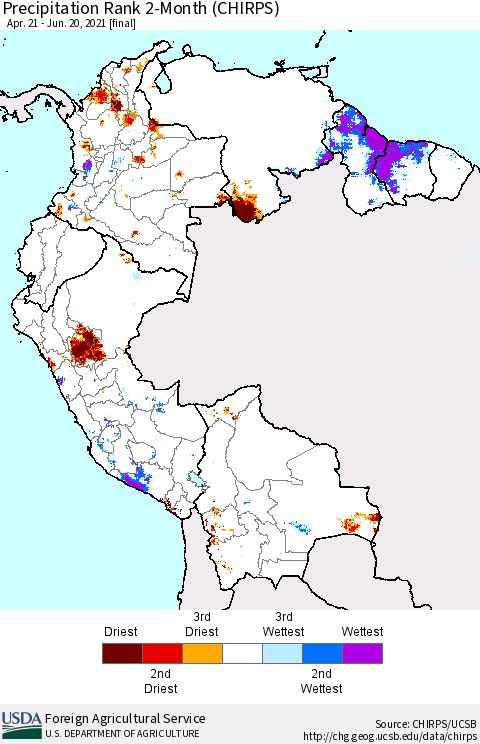Northern South America Precipitation Rank 2-Month (CHIRPS) Thematic Map For 4/21/2021 - 6/20/2021