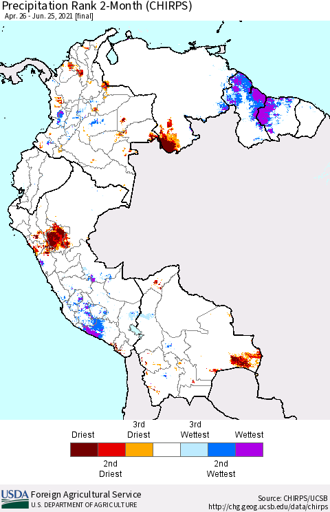 Northern South America Precipitation Rank 2-Month (CHIRPS) Thematic Map For 4/26/2021 - 6/25/2021