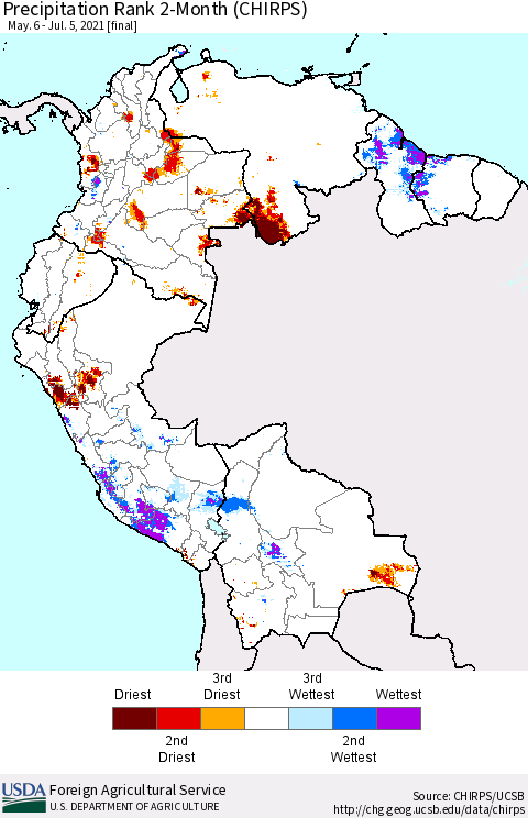 Northern South America Precipitation Rank since 1981, 2-Month (CHIRPS) Thematic Map For 5/6/2021 - 7/5/2021
