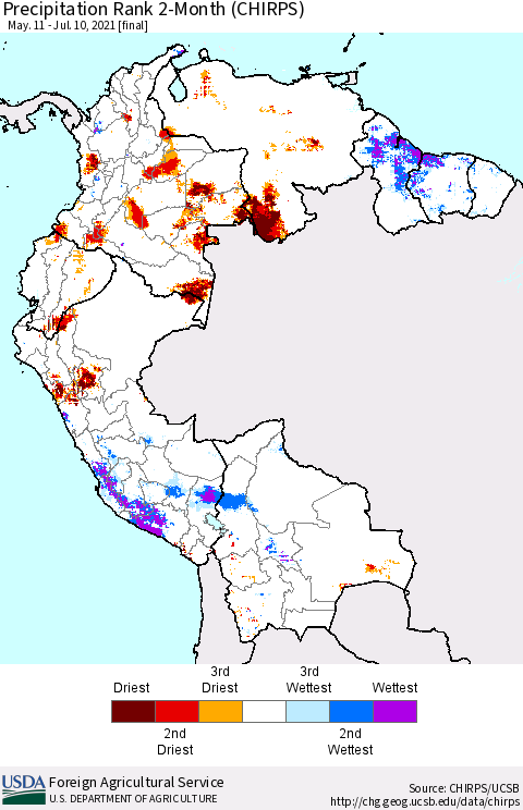 Northern South America Precipitation Rank 2-Month (CHIRPS) Thematic Map For 5/11/2021 - 7/10/2021