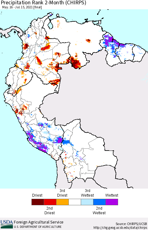 Northern South America Precipitation Rank 2-Month (CHIRPS) Thematic Map For 5/16/2021 - 7/15/2021