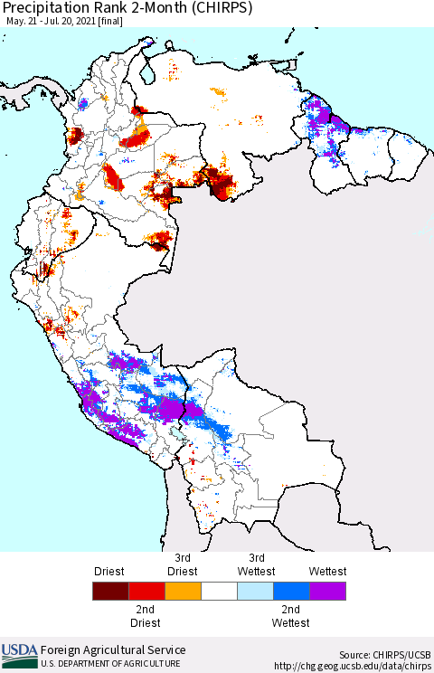 Northern South America Precipitation Rank 2-Month (CHIRPS) Thematic Map For 5/21/2021 - 7/20/2021