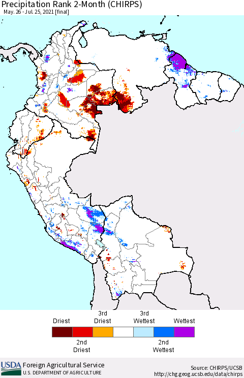 Northern South America Precipitation Rank since 1981, 2-Month (CHIRPS) Thematic Map For 5/26/2021 - 7/25/2021