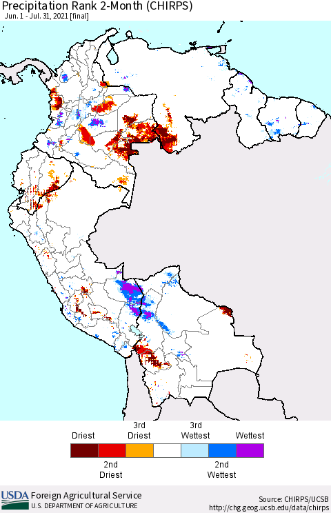 Northern South America Precipitation Rank since 1981, 2-Month (CHIRPS) Thematic Map For 6/1/2021 - 7/31/2021