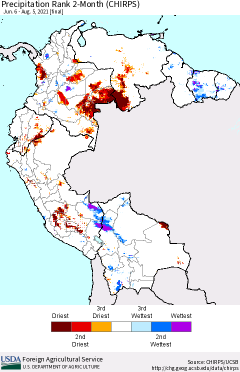 Northern South America Precipitation Rank 2-Month (CHIRPS) Thematic Map For 6/6/2021 - 8/5/2021