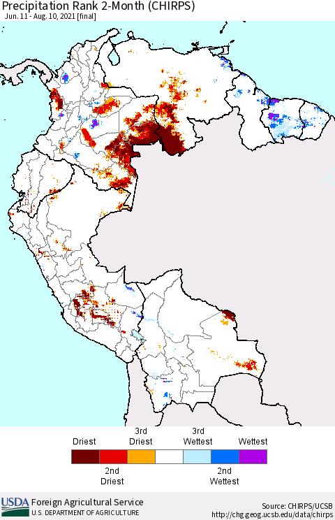 Northern South America Precipitation Rank since 1981, 2-Month (CHIRPS) Thematic Map For 6/11/2021 - 8/10/2021