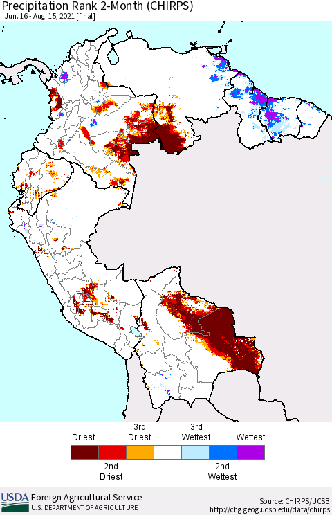 Northern South America Precipitation Rank since 1981, 2-Month (CHIRPS) Thematic Map For 6/16/2021 - 8/15/2021