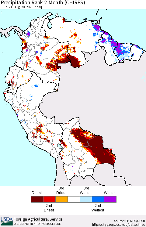 Northern South America Precipitation Rank since 1981, 2-Month (CHIRPS) Thematic Map For 6/21/2021 - 8/20/2021