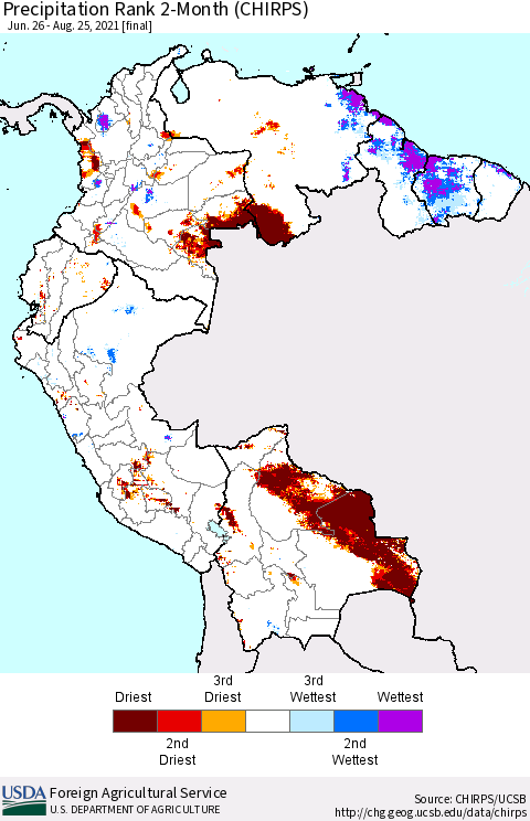 Northern South America Precipitation Rank since 1981, 2-Month (CHIRPS) Thematic Map For 6/26/2021 - 8/25/2021