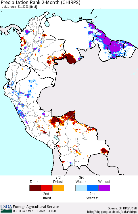 Northern South America Precipitation Rank since 1981, 2-Month (CHIRPS) Thematic Map For 7/1/2021 - 8/31/2021