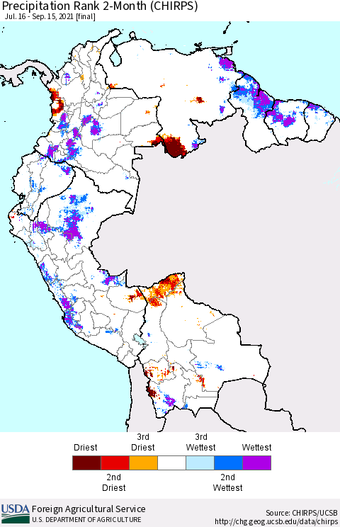 Northern South America Precipitation Rank 2-Month (CHIRPS) Thematic Map For 7/16/2021 - 9/15/2021