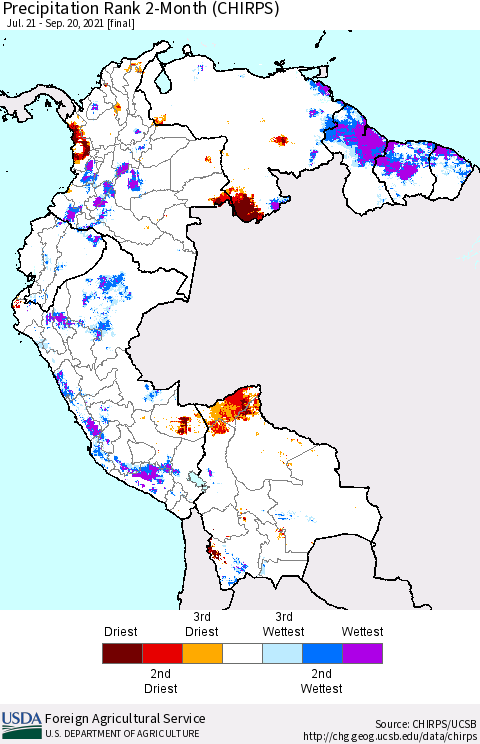 Northern South America Precipitation Rank 2-Month (CHIRPS) Thematic Map For 7/21/2021 - 9/20/2021