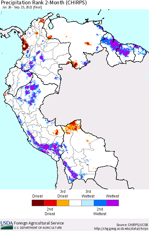 Northern South America Precipitation Rank 2-Month (CHIRPS) Thematic Map For 7/26/2021 - 9/25/2021
