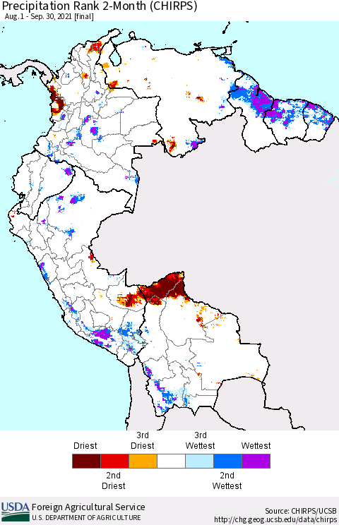 Northern South America Precipitation Rank 2-Month (CHIRPS) Thematic Map For 8/1/2021 - 9/30/2021